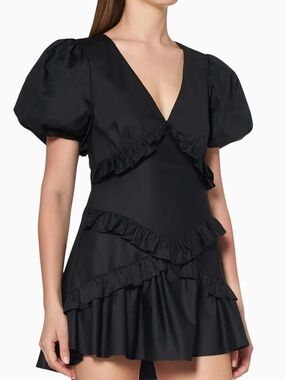 DO+BE Black Puff Sleeve Ruffle V-Neck Mini Dress